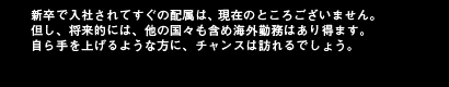 新卒で入社されてすぐの配属は、現在のところございません。但し、将来的には、他の国々も含め海外勤務はあり得ます。自ら手を上げるような方に、チャンスは訪れるでしょう。